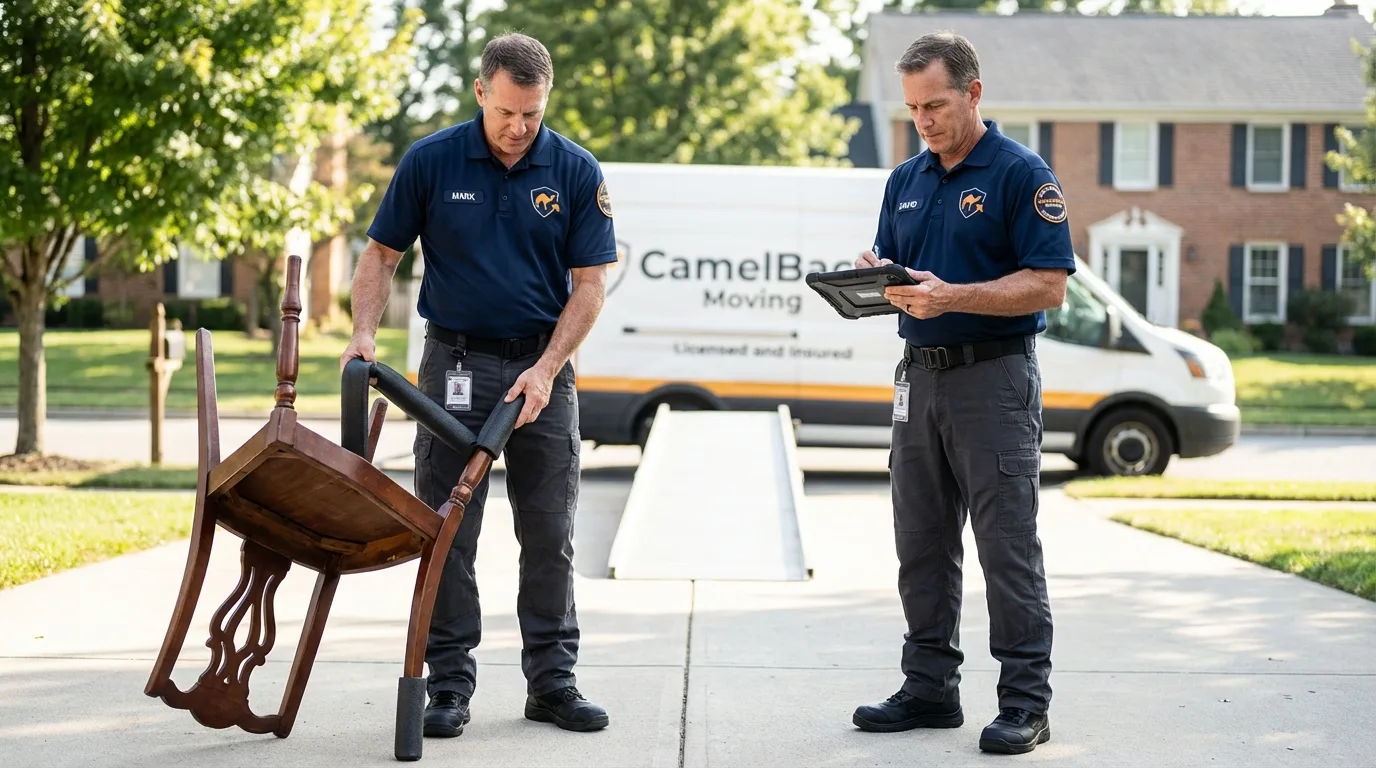 Movers inspecting furniture for damage prevention before loading in Pevely, MO