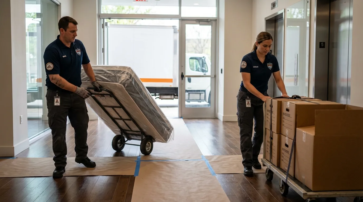 Professional apartment movers loading elevator in Pevely, MO